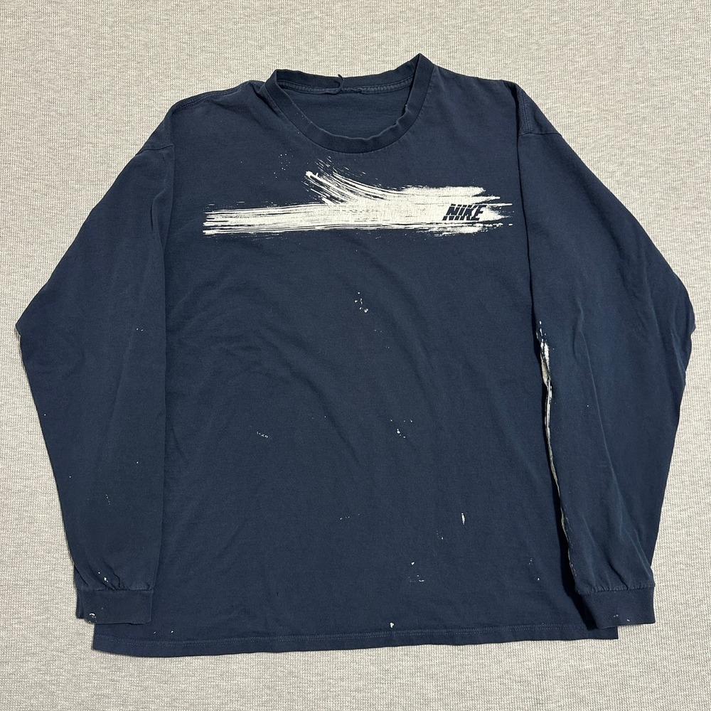 Vintage Nike Brushstroke Logo Paint Splatter Long Sleeve Tee‎ Faded Navy X-Large